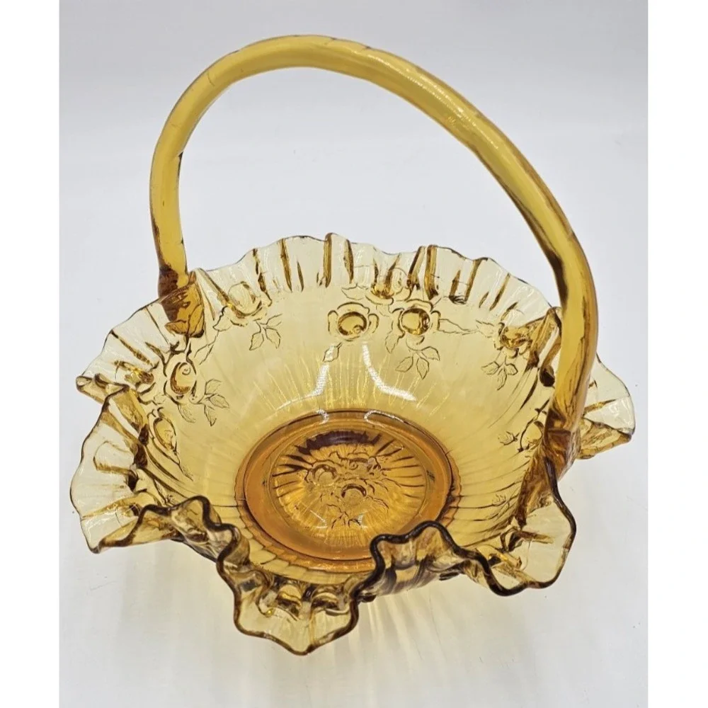 Vintage Amber Pressed Glass Basket Ruffled Edges Roses Applied Handle